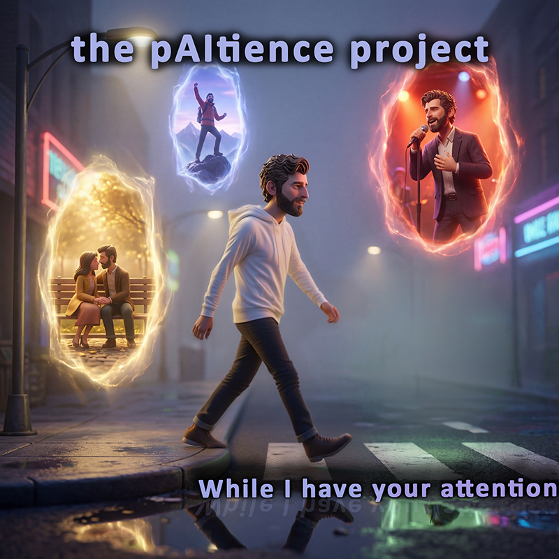 Album artwork for While I Have Your Attention – city street with glowing portals and a figure walking.