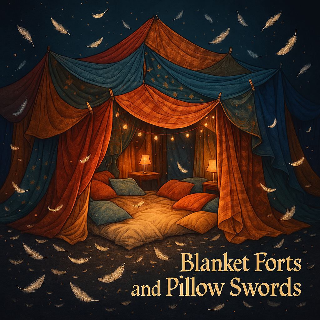 Album artwork for Blanket Forts and Pillow Swords – a cozy blanket fort with glowing lights and drifting feathers.