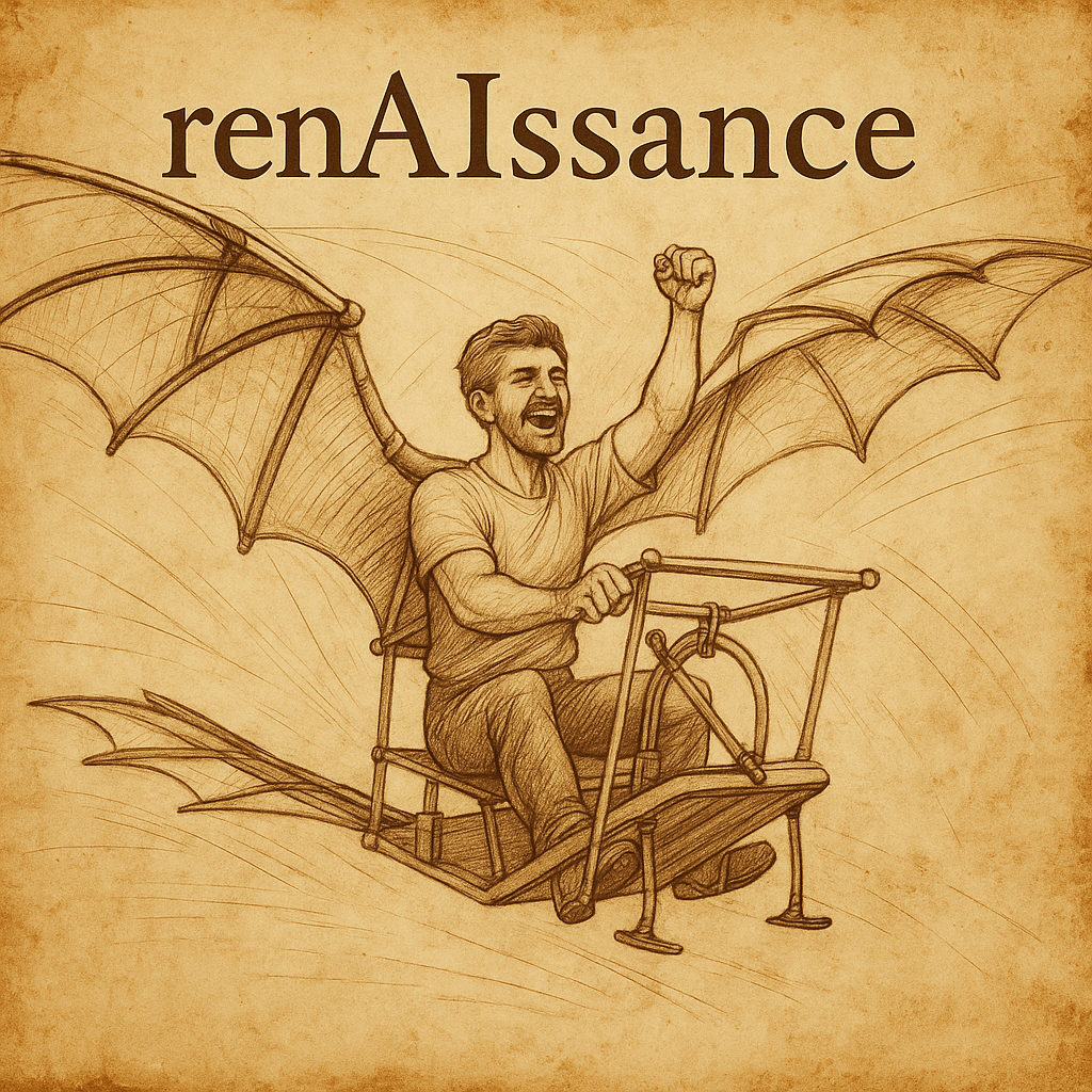 Album artwork for renAIssance – sepia sketch of a flying machine with a joyful rider.